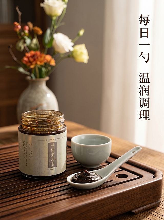 [主图 4] 砂仁党参膏日常食用场景展示。氛围风格：传统养生舒适氛围感，自然闲适生活方式。画质：商业摄影质感、光线柔和通透、产品清晰真实、画面干净高级，2K分辨率文字清晰可辨。元素：保持砂仁党参膏玻璃罐产品外观与原图一致，玻璃罐摆放在中式实木茶盘上，旁边摆放青瓷品茗杯，用干净瓷勺舀取一勺膏体，背景搭配中式花艺装饰，营造传统雅致日常养生场景。商品主体突出，场景不拥挤。光影：窗边柔和自然光，温暖闲适，光影层次自然。配色：主色调为实木深棕、青瓷浅灰，整体素雅古朴。视角构图：第一人称平视视角，模拟真实使用场景，景深适中。文字版式：右侧负空间竖向排列文案“每日一勺 温润调理”，字体清雅不抢主体。比例分辨率：3:4比例，2K分辨率。负向提示词：变形，水印，文字错乱，产品图模糊，背景杂乱，色差，过度曝光。