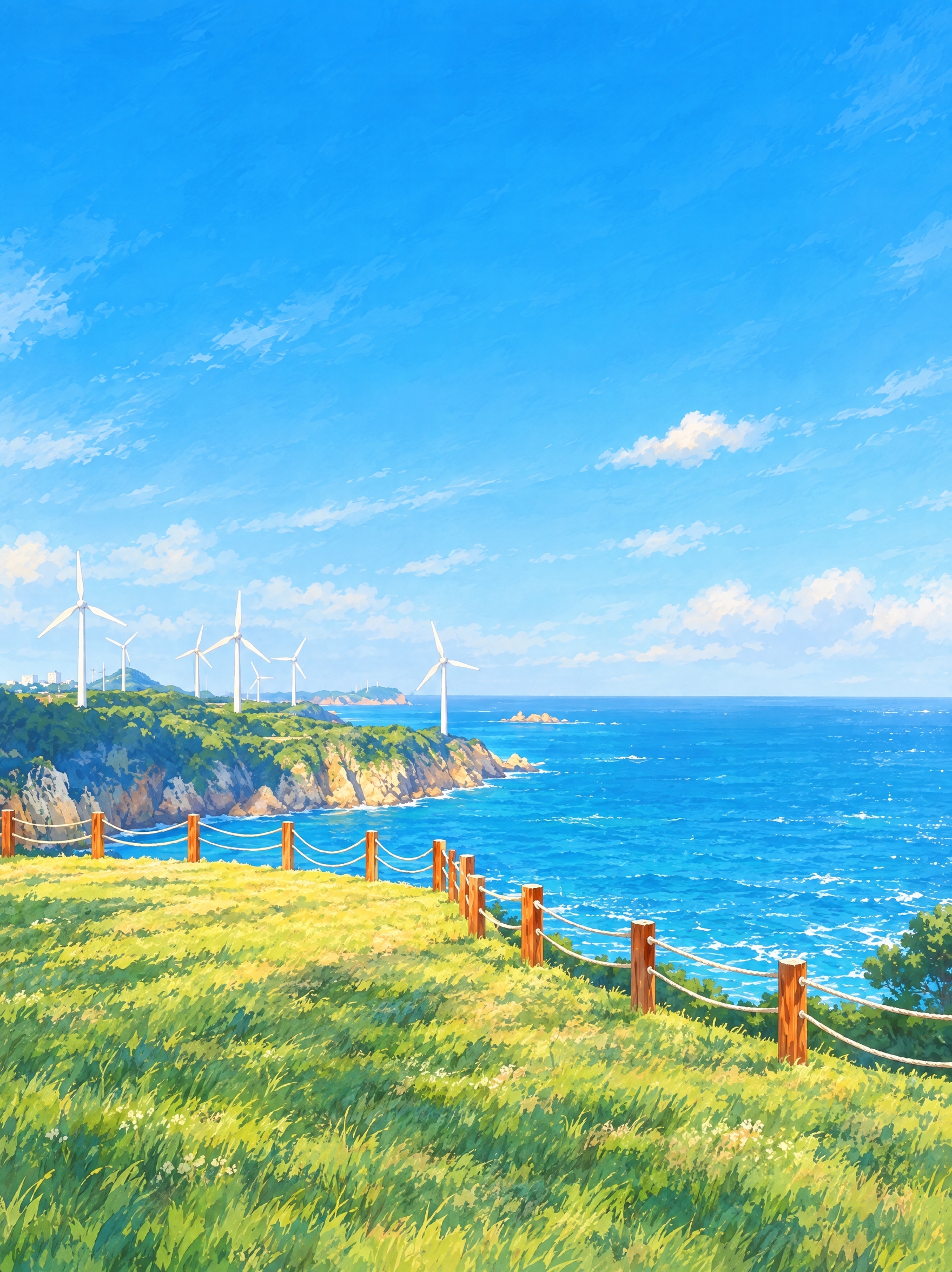 将这张海滨风车风景图重绘为清新插画风格，保留原图的颜色和色调不… - 图片创意预览