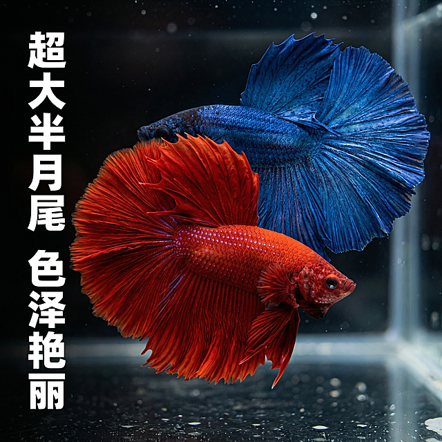 [主图 2] 核心亮点展示，放大斗鱼长尾细节
[氛围/风格] 微距写实风格，清晰锐利，突出鳞片和尾鳍纹理。
[画面元素] 基于原图保留大红袍和大蓝袍斗鱼原有外观，放大展示半月斗鱼超大扇形长尾的细节纹理，背景做虚化处理突出主体，保留两条鱼在画面中，以细节特写展示优质品相。
[配色色系] 深邃背景衬托大红大蓝鲜艳体色，光影对比强烈。
[视角构图] 微距特写视角，主体占据画面核心区域，浅景深突出细节。
[文字版式] 左侧竖排文字 "超大半月尾 色泽艳丽"，白色粗体，不遮挡主体细节。
[比例分辨率] 1:1比例，2k分辨率。
