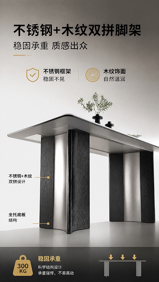 [第4张] 详情页结构工艺-不锈钢+木纹双拼脚架解析。本张使用【图1】作为商品主体，保持脚架结构与原图一致，重点展示脚架材质与稳固性。
[氛围/风格] 工业质感风，结构解析感，沉稳高级，商业摄影质感。
[元素布局] 餐桌脚架局部特写占据画面中下部，占比约55%，低角度仰视突出脚架稳固感；上半部分为结构说明区，背景为深灰到浅灰渐变；脚架展示不锈钢金属部分与木纹部分的双拼设计，金属拉丝质感与木纹肌理清晰对比；可加入承重示意元素（如重物图标、稳固箭头）；餐桌台面底部与全托底板结构可见，整体结构与输入图一致。
[光影质感] 侧上方硬光勾勒金属质感与木纹肌理，底部柔和投影，突出材质对比与结构力量感。
[配色色系] 全局底色 #E8E5E0（深灰米）；主色深木纹+不锈钢银灰；辅助色黑色标题、暖金点缀。
[视角构图] 低角度仰视，脚架为视觉中心，阅读动线上部文案 → 中部脚架 → 底部结构标注。
[文字版式] 上部标题区 + 中部脚架特写 + 底部结构标注。主标题「不锈钢+木纹双拼脚架」，副标题「稳固承重 质感出众」；下方2组材质说明：「不锈钢框架 稳固不晃」「木纹饰面 自然温润」；脚架处有引线标注「不锈钢+木纹双拼设计」「全托底板结构」；文字清晰，层级分明。
[比例分辨率] 9:16竖版比例，4K分辨率，文字清晰可辨，高清画质。
[负向提示词] 脚架变形，结构错误，材质错乱，颜色偏差，水印，文字错乱，文字过小，产品图模糊，背景杂乱。