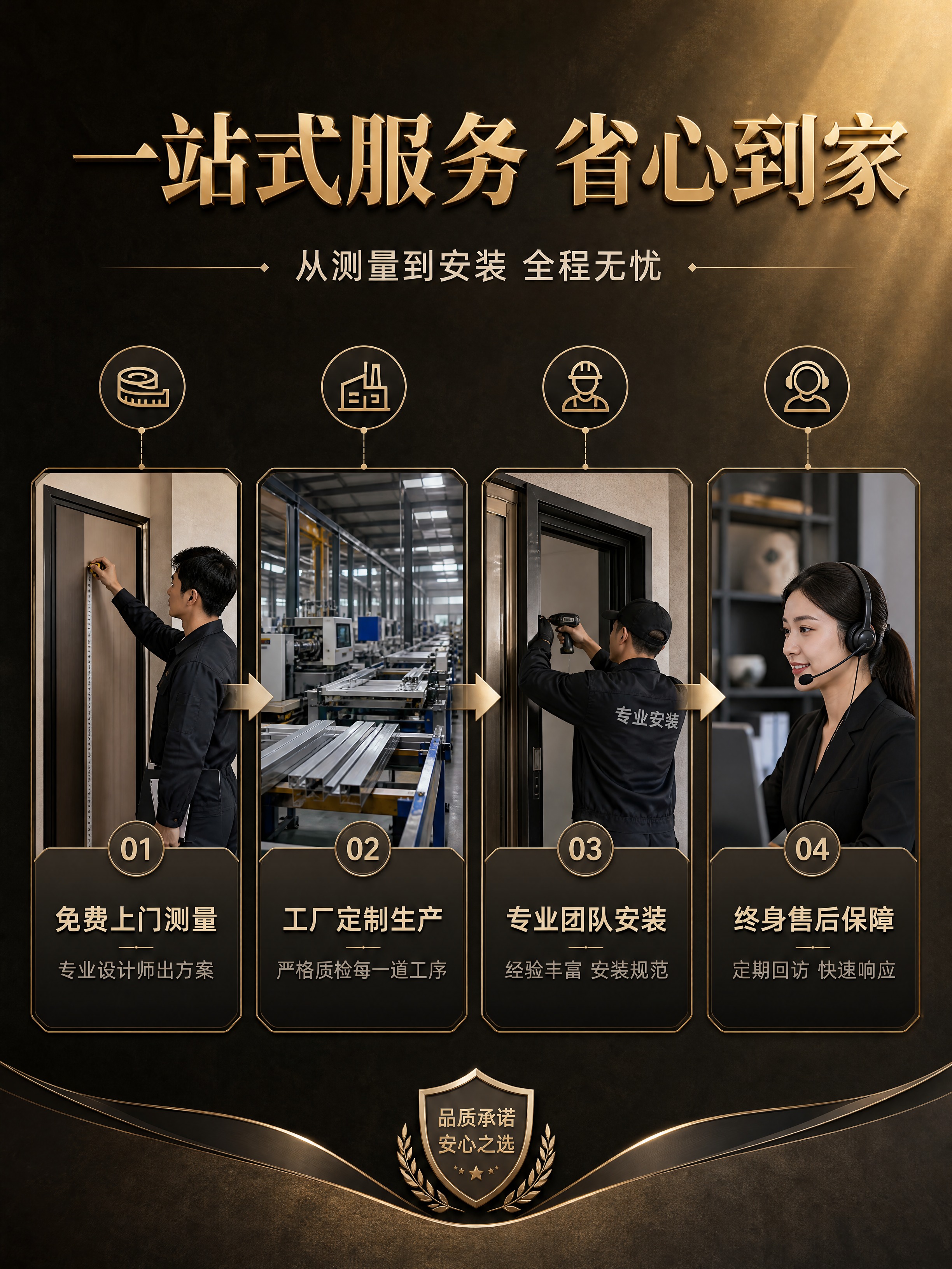 [商品] 全铝门安装服务流程，包含专业测量师、生产车间、安装工… - 图片创意预览