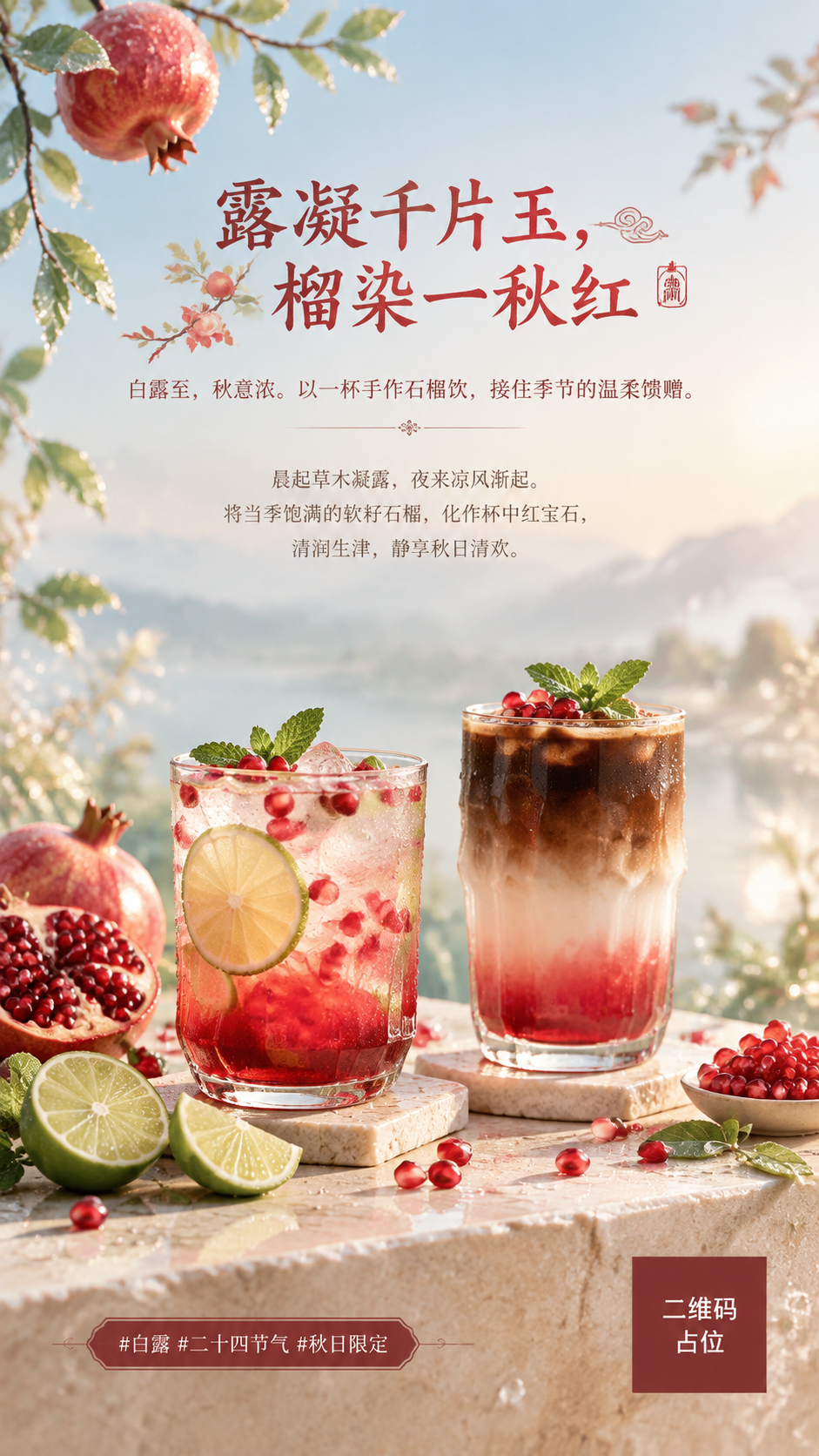 白露节气石榴饮品海报，秋日清润雅致氛围，石榴红与白露清透感结合… - 图片创意预览