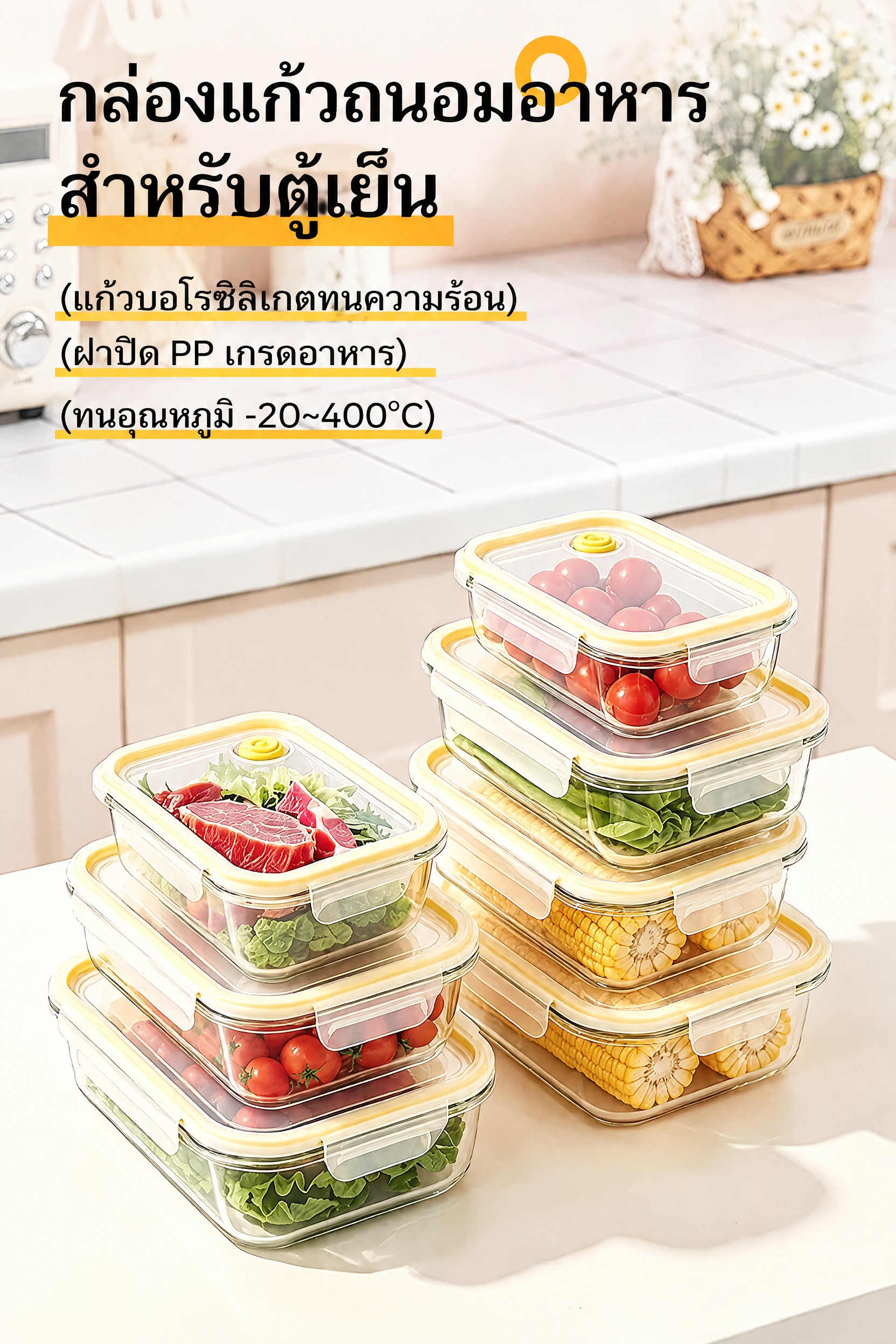 保持原图的商品堆叠构图、玻璃盒与淡黄色密封盖、彩色食材、厨房背… - 图片创意预览