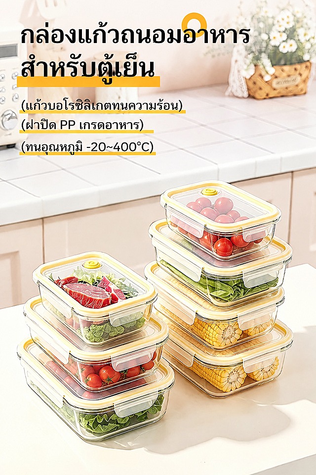 保持原图的商品堆叠构图、玻璃盒与淡黄色密封盖、彩色食材、厨房背景、光影和文字排版结构完全不变，只把中文替换为泰语：主标题“กล่องแก้วถนอมอาหารสำหรับตู้เย็น”，下方三个黄色括号标注依次替换为“（แก้วบอโรซิลิเกตทนความร้อน）”“（ฝาปิด PP เกรดอาหาร）”“（ทนอุณหภูมิ -20~400°C）”。保持原有黄底高亮样式与字体大小层级，泰语文字清晰可读，画面中不得残留任何中文。