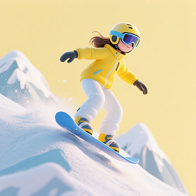 画面主视觉是腾空的女孩，从雪山上冲下来，身着亮黄色滑雪服、白色雪裤，佩戴头盔与可视护目镜，脚踩蓝色单板，呈动感滑行姿态。浅黄色纯色背景