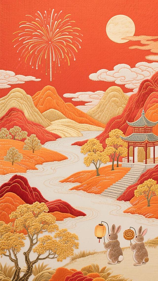 红橙色背景中有烟火、圆月、云彩，下方有橙色、红色、金色的山峦层层叠叠、蜿蜒的河流、中式楼阁与小亭、金黄树木、石阶小路，画面左下2只小兔子拿着（一个拿着灯笼、一个拿着月饼）的背影