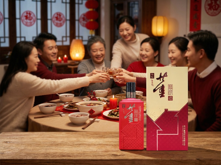 腊八节好友围坐餐桌举杯碰杯（白酒），产品静置一侧（不要改变产品原型和角度），主要突出产品，背景虚化，比例4:3预览效果