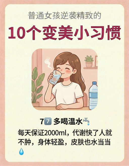 保留主标题“普通女孩逆袭精致的10个变美小习惯”，将下方内容替换为“7️⃣ 多喝温水🚰每天保证2000ml，代谢快了人就不肿，身体轻盈，皮肤也水当当💧”，画面替换为女孩手持水杯喝水的卡通插画，保持预览效果