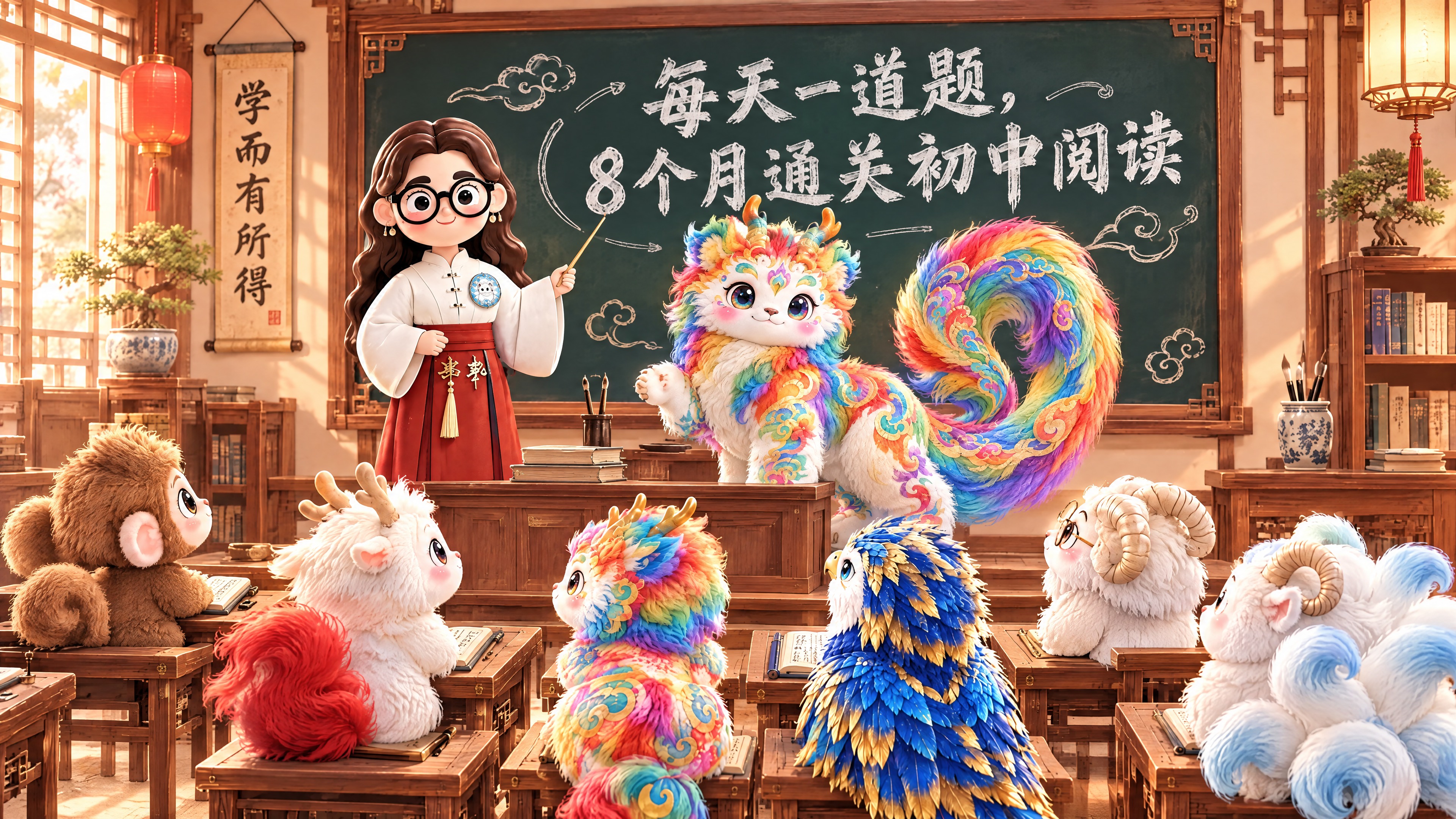 在图1古代教室场景基础上修改：老师和彩虹色花纹麒麟神兽一起站在… - 图片创意预览