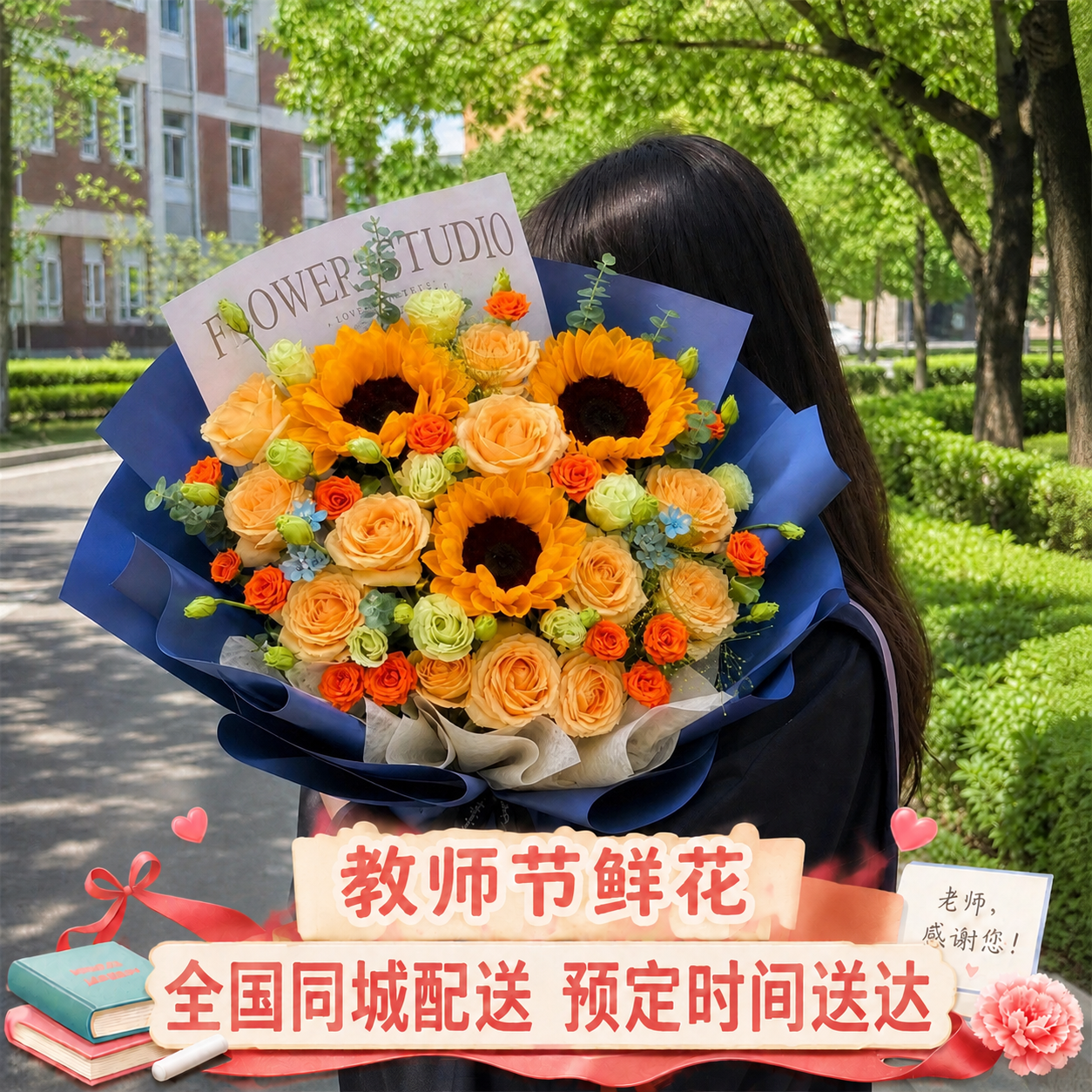 参考第一张图的格式，在这张花束图片底部添加相同风格的教师节促销… - 图片创意预览