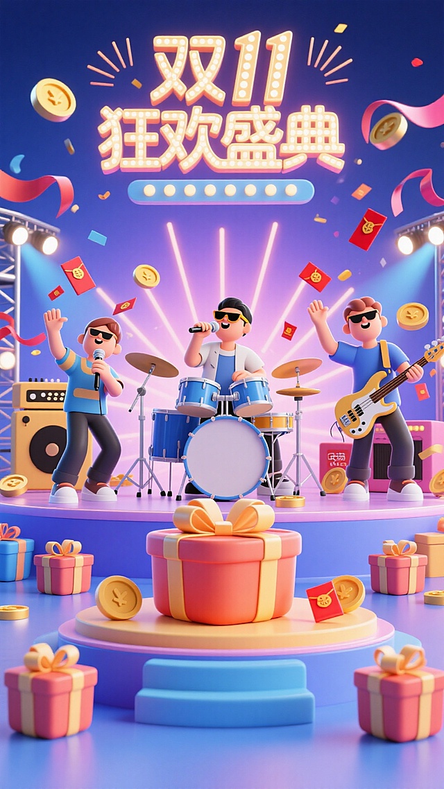 乐队站在礼盒形状的舞台上