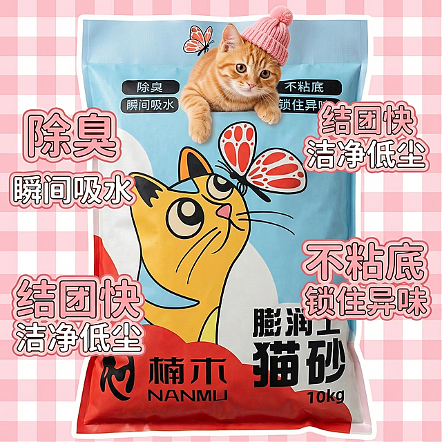 我是在拼多多卖猫砂的 帮我设计10张拼多多主图 要求可爱一点 吸睛一点 可以有小猫点缀