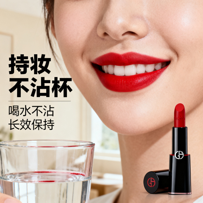 [主图 4] 持妆效果真人实证主图，阿玛尼口红持妆测试展示。
[氛围风格] 真实自然生活场景风
[画质] 高清人像商业摄影，画质清晰自然，肤色真实通透
[元素] 年轻女生微笑唇部特写，涂上阿玛尼正红色预览效果