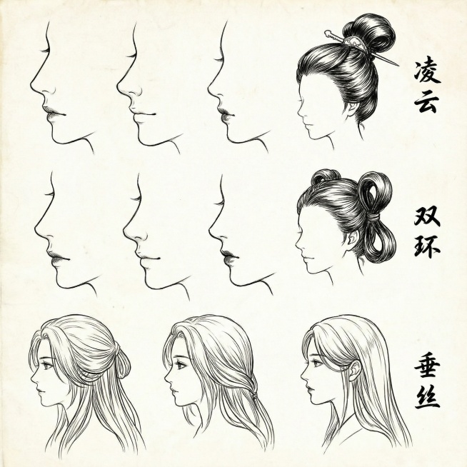 和参考图画风一致的女性侧面古风鼻子、嘴巴、头发训练图预览效果