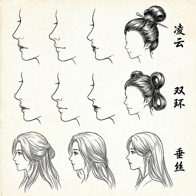 和参考图画风一致的女性侧面古风鼻子、嘴巴、头发训练图