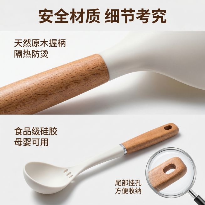 [主图 3] 斯凡诺硅胶木柄汤勺材质细节安全展示。[氛围风格] 商超简约居家风，原木质感轻奢风，专业可信品质展示。[画质] 商业摄影质感、光线柔和通透、产品清晰真实、画面干净高级。[元素] 画面分为上预览效果