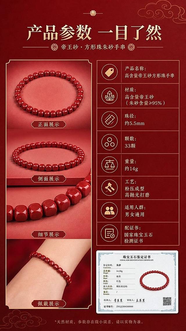 淘宝天猫电商详情页，9:16竖版，产品参数规格页，参考图8红金高级质感风格，帝王砂方形珠手串多角度展示，手串外观严格保持原样不修改，酒红色背景，右侧参数表格形式，顶部大标题文字"产品参数 一目了然"，下方参数："产品名称：高含量帝王砂方形珠手串；材质：高含量帝王砂（朱砂含量≥95%）；珠径：约5.5mm；颗数：33颗；重量：约14g；工艺：粉压成型 高抛光打磨；适用人群：男女通用；配证书：国家珠宝玉石检测证书"，配信息图标，清晰规整的参数页设计，红金风格