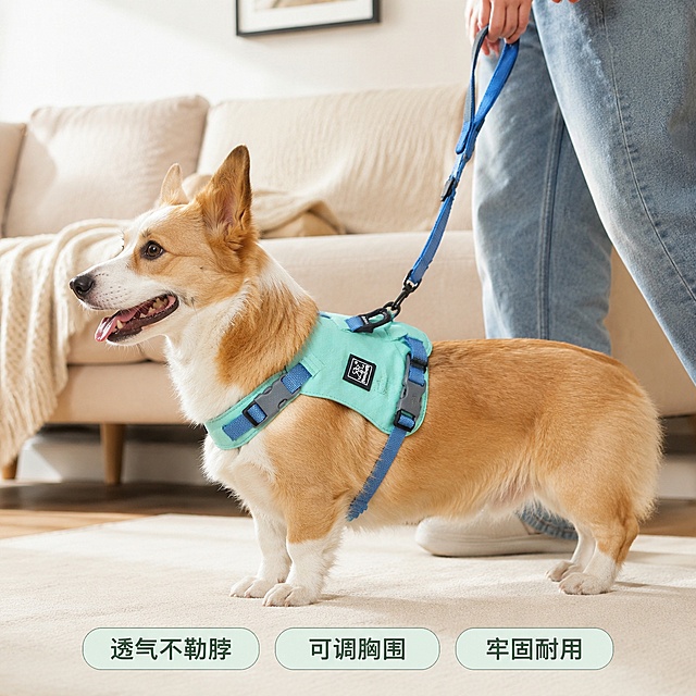 [主图-5] 狗狗胸背带品牌信任收口图；氛围风格：自然温馨生活风格；画质：商业摄影质感、光线柔和通透、产品清晰真实、画面干净高级。元素：主人手持牵引绳，柯基狗狗佩戴胸背带侧身站立，整体温馨自然，胸背带产品完整展示，保持产品颜色结构品牌标识和原图完全一致。背景是简洁客厅沙发旁，氛围温馨自然，传递轻松遛宠感受。底部放置三个浅绿圆角小标签，分别写：透气不勒脖、可调胸围、牢固耐用。光影：柔和窗边自然光，整体画面自然通透，情绪温馨。配色：浅暖调背景，突出产品清新薄荷绿，标签文字深色清晰对比。视角构图：中心人物宠物产品三角构图，主体完整不裁切，底部标签不遮挡主体。文字版式：标签内文字简短清晰，圆角设计，排版整齐。输出要求：1:1比例，文字清晰可辨，超高清商业摄影质感；负向提示词：变形，文字错乱，产品图模糊，背景杂乱，水印，电商平台Logo