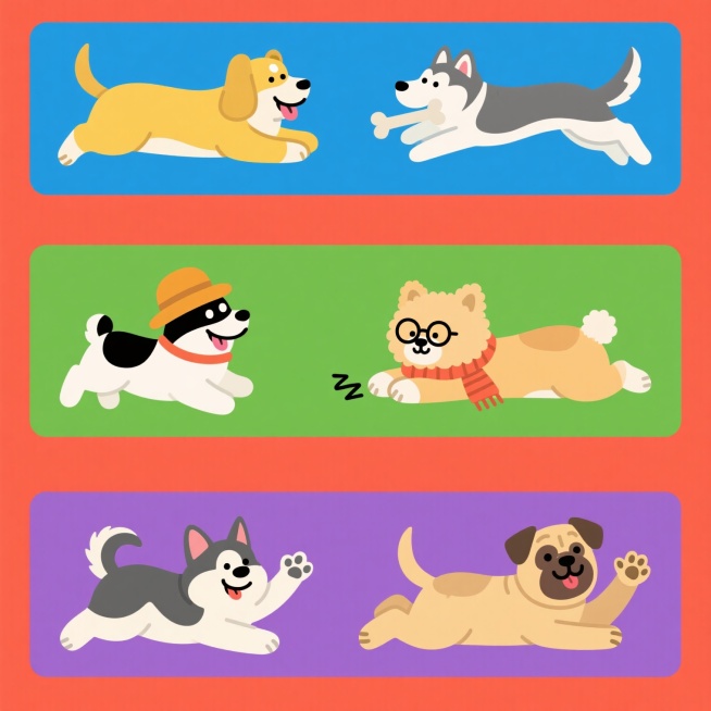 六个系列集合的卡通狗狗插画，每个画面保持相同的三只卡通狗狗元素内容，采用简洁的平面设计风格，轮廓线条清晰，色彩填充均匀，无渐变和复杂光影，每个系列画面整体色彩变换为不同的纯色背景，分别为红色、蓝色、黄色、绿色、紫色、橙色，三只狗狗造型完全不同，第一组为站立摇尾的柯基、趴着吐舌的金毛、坐着歪头的萨摩耶，第二组为跳跃的柴犬、奔跑的哈士奇、叼着骨头的腊肠犬，第三组为戴帽子的泰迪、戴眼镜的比熊、戴围巾……预览效果