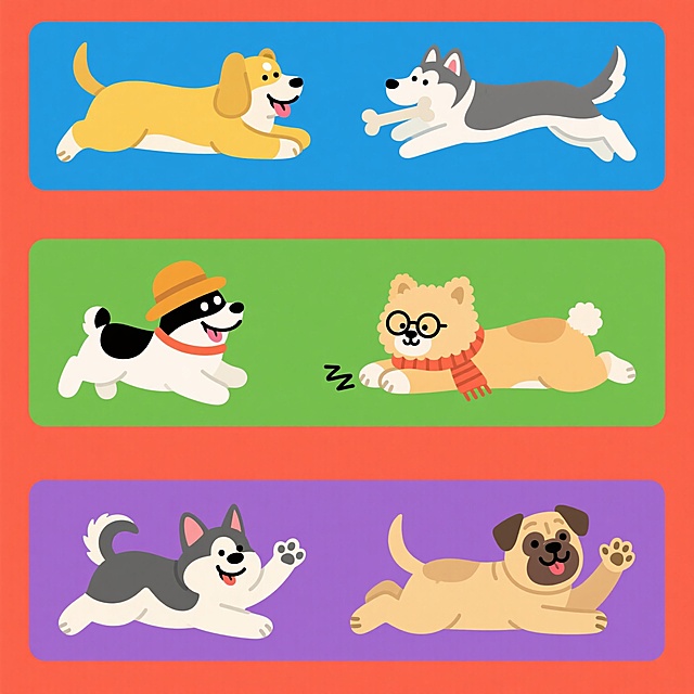 六个系列集合的卡通狗狗插画，每个画面保持相同的三只卡通狗狗元素内容，采用简洁的平面设计风格，轮廓线条清晰，色彩填充均匀，无渐变和复杂光影，每个系列画面整体色彩变换为不同的纯色背景，分别为红色、蓝色、黄色、绿色、紫色、橙色，三只狗狗造型完全不同，第一组为站立摇尾的柯基、趴着吐舌的金毛、坐着歪头的萨摩耶，第二组为跳跃的柴犬、奔跑的哈士奇、叼着骨头的腊肠犬，第三组为戴帽子的泰迪、戴眼镜的比熊、戴围巾的边牧，第四组为玩耍的博美、睡觉的拉布拉多、警觉的德牧，第五组为微笑的法斗、伸懒腰的阿拉斯加、舔爪子的吉娃娃，第六组为打招呼的雪纳瑞、打滚的巴哥、摇耳朵的西施犬，所有插画规整排布在一个画面中，形成整齐的系列素材集合，保持欢快可爱的氛围，画面简洁明快，适合作为卡通素材使用