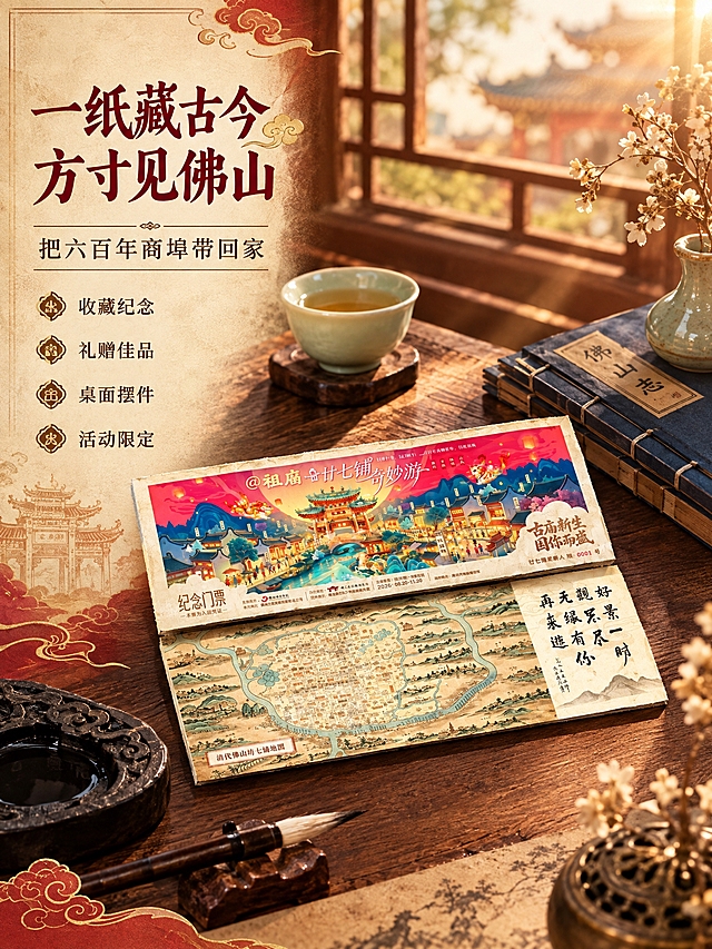 [商品] 使用【图1】佛山祖庙廿七铺奇妙游纪念门票（正反两面）；保留门票正面国潮插画与背面古地图的全部图案、文字、配色和结构；商品处理：保留门票原貌，自然摆放，增强纸张纹理与边缘质感，不改变版型和内容。
[画面] 目标为场景种草，展现文创摆件与礼赠氛围。左文右图构图，门票正面与背面错落叠放于古风书桌上，产品占画面约45%。桌面搭配毛笔、砚台、线装书、青瓷茶杯、干花枝等古风道具，窗外暖光斜射进来，营造书房雅集的沉浸式场景。前中后景层次分明。
[视觉] 套系策略：风格=国潮新中式商业摄影；标题字=书法宋体+古风衬线体；正文字=简洁宋体；主色=朱红+暖金+米黄宣纸色；背景延展=基于朱红暖金做深浅层级、渐变晕染和做旧纸张纹理；强调色=烫金色，仅用于小面积图标、引线和装饰线条；标题色=深朱红；正文色=深棕褐；组件=古风边框、云纹装饰、细线引线；光影=右上方暖金色柔光，左侧补光，营造温润质感。
[文字] 左侧竖排区域横排主标题"一纸藏古今 方寸见佛山"，副标题"把六百年商埠带回家"，下方4个短卖点：「收藏纪念」「礼赠佳品」「桌面摆件」「活动限定」。文字全部横排，不遮挡门票主体。
[规格] 图片比例3:4竖版，2K，避免变形、错字、文字过小、冷蓝背景、颜色失真、门票图案被篡改。