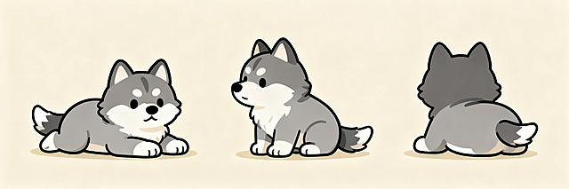 生成Q版可爱的狼形象，为趴卧/四肢着地的非站立姿态，同时展示该形象的正视图、侧视图、后视图三视图，风格圆润萌系，线条柔和，背景为浅米色，三个视图并排展示，造型风格统一