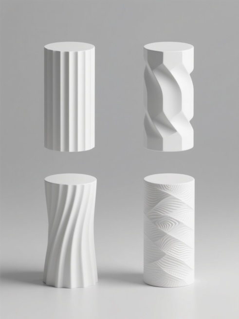 系列素材集合，四个完全不同造型的圆柱元素，保持简约3D风格，白色纯色背景，每个圆柱拥有独特的设计细节，如条纹、波浪、几何切割或纹理变化，规整排布成两行两列，保持柔和的光影效果和光滑的材质感，整体视觉统一且富有变化。预览效果