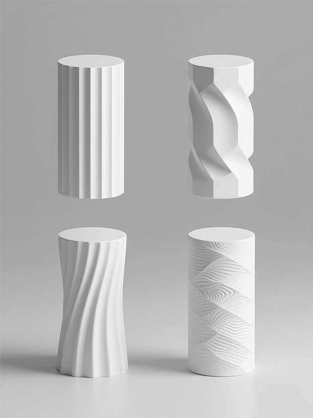 系列素材集合，四个完全不同造型的圆柱元素，保持简约3D风格，白色纯色背景，每个圆柱拥有独特的设计细节，如条纹、波浪、几何切割或纹理变化，规整排布成两行两列，保持柔和的光影效果和光滑的材质感，整体视觉统一且富有变化。