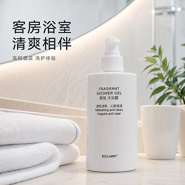 [主图-4] 真实场景图：表现高档酒店客房浴室中香氛沐浴露的真实使用状态，建立"客房洗护、清爽相伴"的场景价值；本张只承担客房场景任务，不重复香气、材质或容量参数。
[统一基调] 简洁清爽的高端洗护视觉：浅白到淡青白的干净渐变背景，带极简弧线造型与柔和光影，高亮通透、留白充足；主标题用深墨蓝黑现代无衬线粗体，辅助文字用中灰同款无衬线小字，清透水青仅作图标、水珠或数据高亮的小面积点缀；统一使用细线圆角标签卡与简洁线条图标，不出现厚重色块通栏和边框。
[画面] 高档酒店客房的极简浴室洗漱台：香氛沐浴露保持原图外观、结构、颜色与标签文字，自然摆放在浅色石材台面或壁挂置物架上，旁边有折叠整齐的白色毛巾、简约洗漱杯与一小株绿植；背景为极简弧形墙面、柔和灯光与轻透水汽，营造酒店客房的高端洁净氛围；产品约占画面 50%，真实融入环境，无人物入镜。
[光影质感] 明亮自然光与酒店暖白灯光结合，浴室通透洁净的氛围，瓶身哑光质感与泵头高光保留，接触影真实连续，无悬浮、无白底残留。
[配色] 浅白/淡青白背景；主标题深墨蓝黑；辅助文字中灰；清透水青仅用于毛巾边缘与绿植叶尖点缀。
[文字版式] 场景留白处放一句短文案 "客房浴室 清爽相伴"，辅助小字 "高档酒店 洗护体验" 缩小约 50%；文字横排无逗号，不遮挡产品与关键道具。
[输出要求] 1:1 方形构图，文字清晰无错字，产品不变形、无色差、无悬浮；负向：变形、错字、模糊、杂乱、水印、平台 Logo、多余人物、厚重色块。