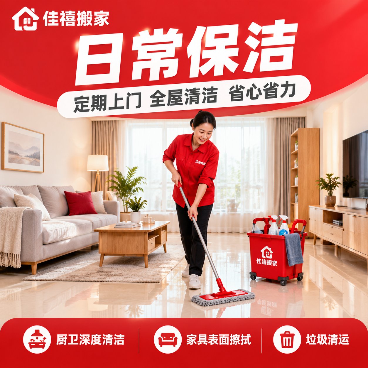 [主图-2] 日常保洁服务主题图方形版，佳禧搬家品牌红色系家政… - 图片创意预览