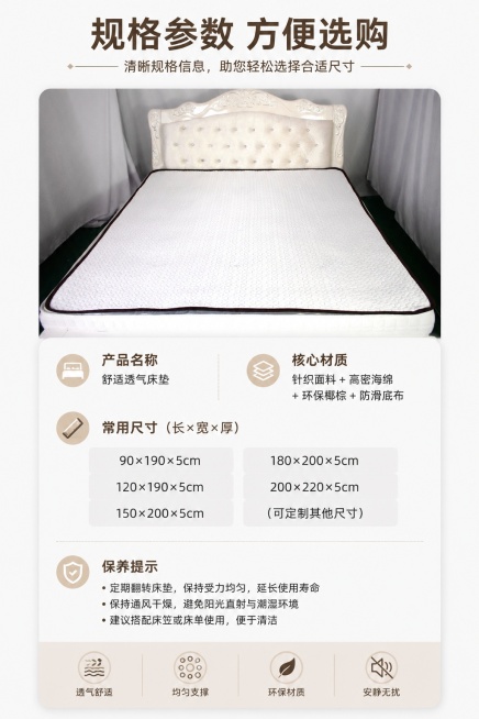 [第8屏] 规格选购-产品信息规格卡片。本屏使用【图1】作为产品主体。
[氛围/风格] 简约信息卡风格，清晰整洁，信息直观。
[元素布局] 上方放床垫小图，保留原图外观，占比约40%，下方做圆角信息卡预览效果