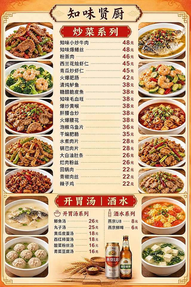 一张A4竖版中式餐厅菜单反面设计，暖橙米黄色调，家常温馨风格。顶部是'知味贤厨'小标题。菜单分为两大板块：上半部分是'炒菜系列'，下半部分是'开胃汤｜酒水'。每个板块有红色分类标题，菜品按价格从高到低排列，菜名左对齐，价格右对齐，价格用红色加粗字体。炒菜系列菜品（从高到低）：知味小炒牛肉 48元、知味爆鳝丝 48元、粉蒸肉 46元、西兰花烩虾仁 45元、青瓜炒虾仁 45元、火爆肥肠 42元、清炖鲈鱼 38元、糖醋脆皮鱼 38元、知味毛血旺 38元、爆炒黄喉 38元、肝腰合炒 38元、火爆腰花 38元、泡椒乌鱼片 36元、干煸肥肠 35元、水煮肉片 28元、锅巴肉片 28元、大白油肚条 26元、烂肉粉丝 26元、回锅肉 22元、青椒肉丝 22元、辣子鸡 22元。开胃汤系列：鲫鱼汤 26元、丸子汤 25元、黄瓜皮蛋汤 18元、西红柿蛋汤 18元、酸菜粉丝汤 16元、青菜豆腐汤 16元。酒水系列：燕京U8 8元、燕京鲜啤 6元。菜单四周点缀精美炒菜和汤品高清小图（中式家常菜美食摄影图），增加食欲感。整体排版整齐，字体清晰统一，字号一致易读，中式餐饮风格，暖色调，专业菜单设计。画面中所有数字必须精确渲染，不得错位遗漏编造。所有菜品名称和价格必须完整呈现。