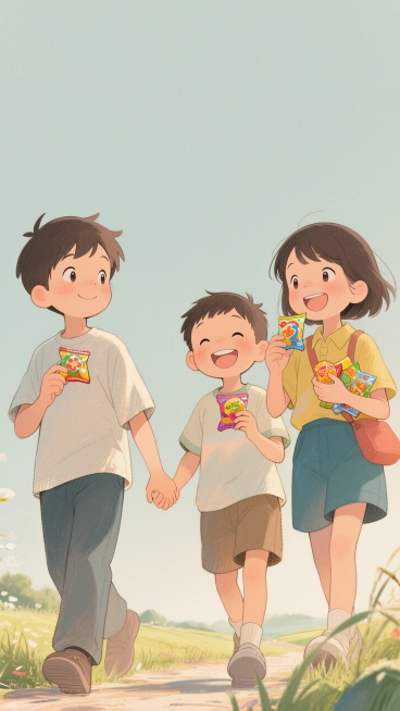 日式动漫风格田园插画，两个12岁小孩，一个6岁小男孩，左侧男孩牵着中间小男孩的手，三个小孩面带笑容，手上拿着小零食，背景为纯色预览效果