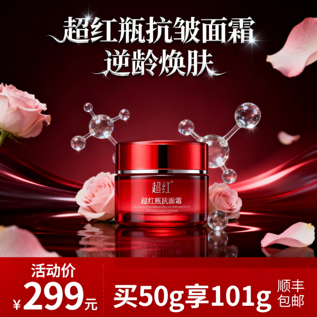 抗皱面霜电商主图，核心目标是在搜索结果页快速吸引用户注意力，提升点击率。顶部核心信息区主标题为“超红瓶抗皱面霜 逆龄焕肤”，白色艺术字体，搭配银色光效装饰，放在画面顶端居中位置。中部商品展示区居中放置预览效果