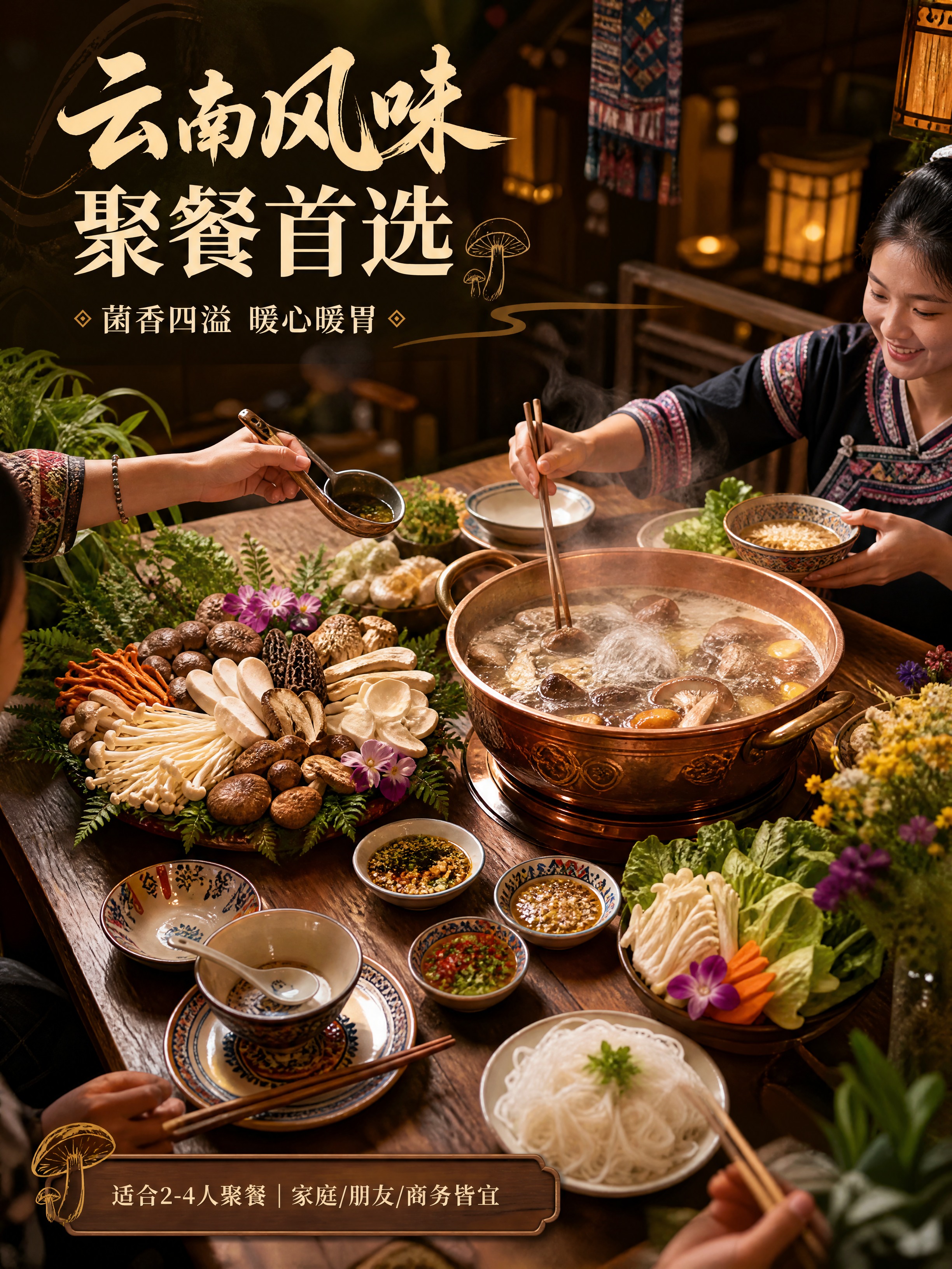 [商品] 季山菌云南火锅用餐场景，木质餐桌上摆放着铜制菌汤锅（… - 图片创意预览