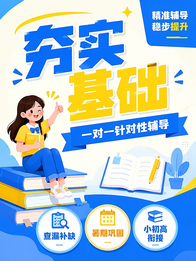 扁平插画风格教育培训海报，延续参考图蓝黄清新配色，3:4竖版比例，优化布局突出文案。主标题蓝黄撞色放大写"夯实基础"，蓝色横幅副标题写"一对一针对性辅导"，左侧女生坐在书本上比加油手势，底部三个圆形标签依次写"查漏补缺"、"暑期巩固"、"小初高衔接"，右上角蓝色块写"精准辅导 稳步提升"，布局适配竖版3:4，突出主文案，整体风格和参考图一致，主题内容全新，禁止出现违规词汇