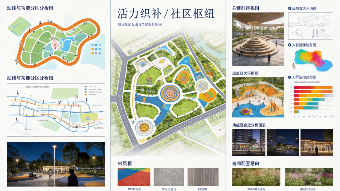完成度极高的现代城市社区公园景观设计竞赛展板，无缝衔接沉浸式满版排版，无白底，风格现代简约，色彩明快充满活力。包含：项目标题"活力织补 / 社区枢纽"，一段"激活社区互动与全龄友好空间"的设计说明；动预览效果