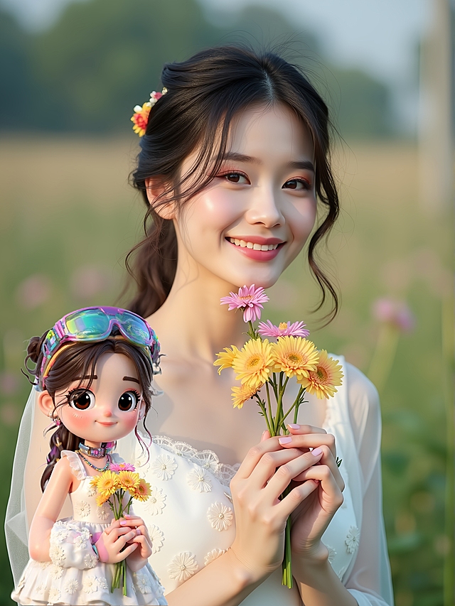 甜美梦幻的插画风，母女共赏花，清新拟人设计，超现实主义色彩。