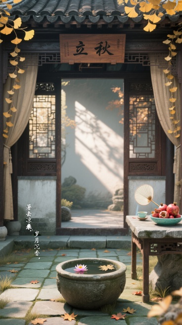 画面风格为古雅工笔画风，以赭石、藤黄、墨黑为主色调。主体是对称分布的古风庭院，左侧雕花木窗下摆放着盛满石榴的青瓷盘，右侧石桌上放着一把团扇与半盏凉茶。正上方横梁悬挂着木质牌匾，题有隶书 “立秋” 二字预览效果