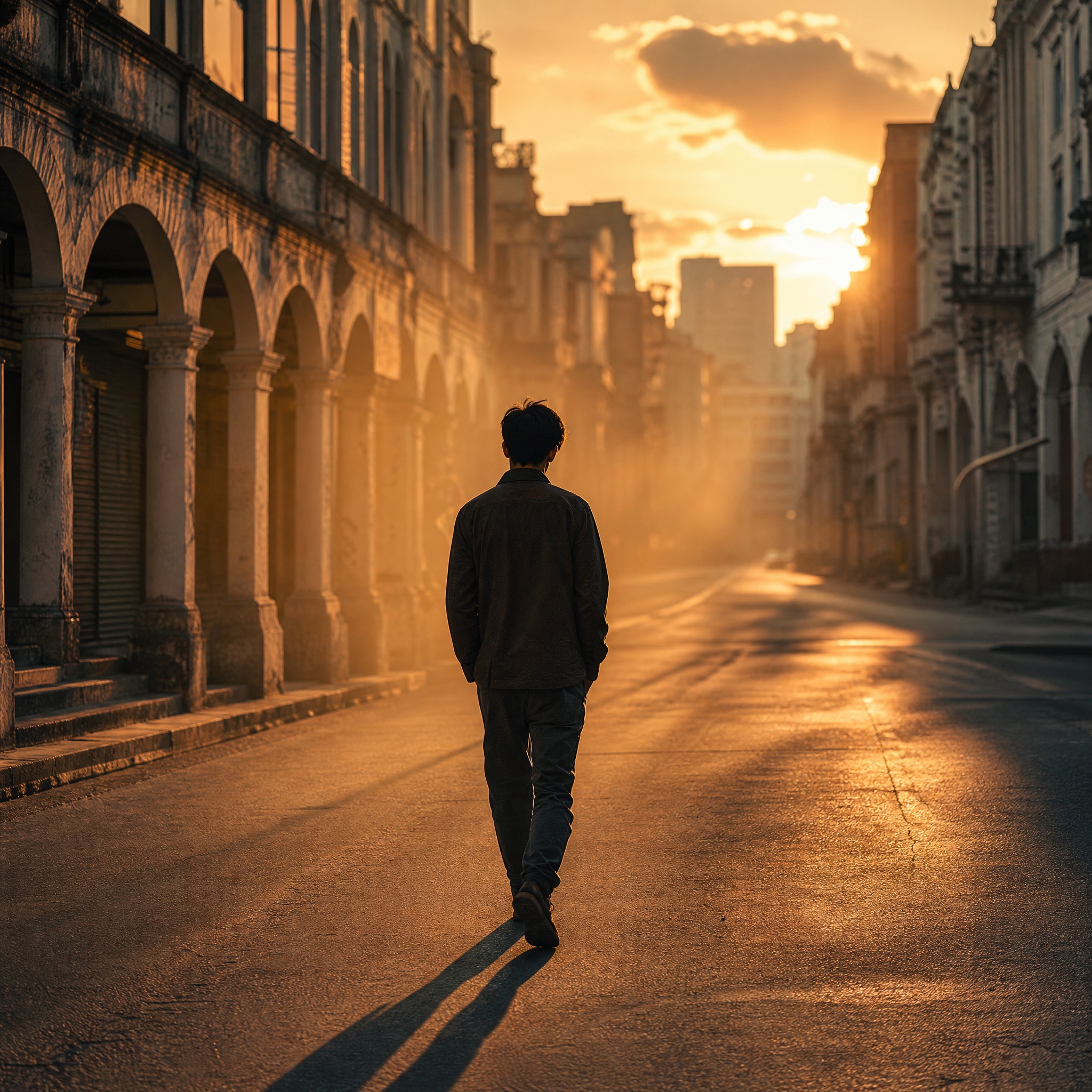 歌曲封面设计，黄昏街道场景，一位男歌手独自走在空旷的城市街道上… - 图片创意预览