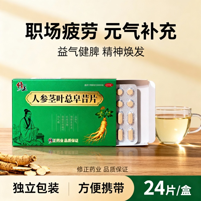 按照原图的包装设计 生成三张不同场景的修正人参茎叶总皂苷片(人参茎叶皂苷片)电商主图，比例1:1预览效果