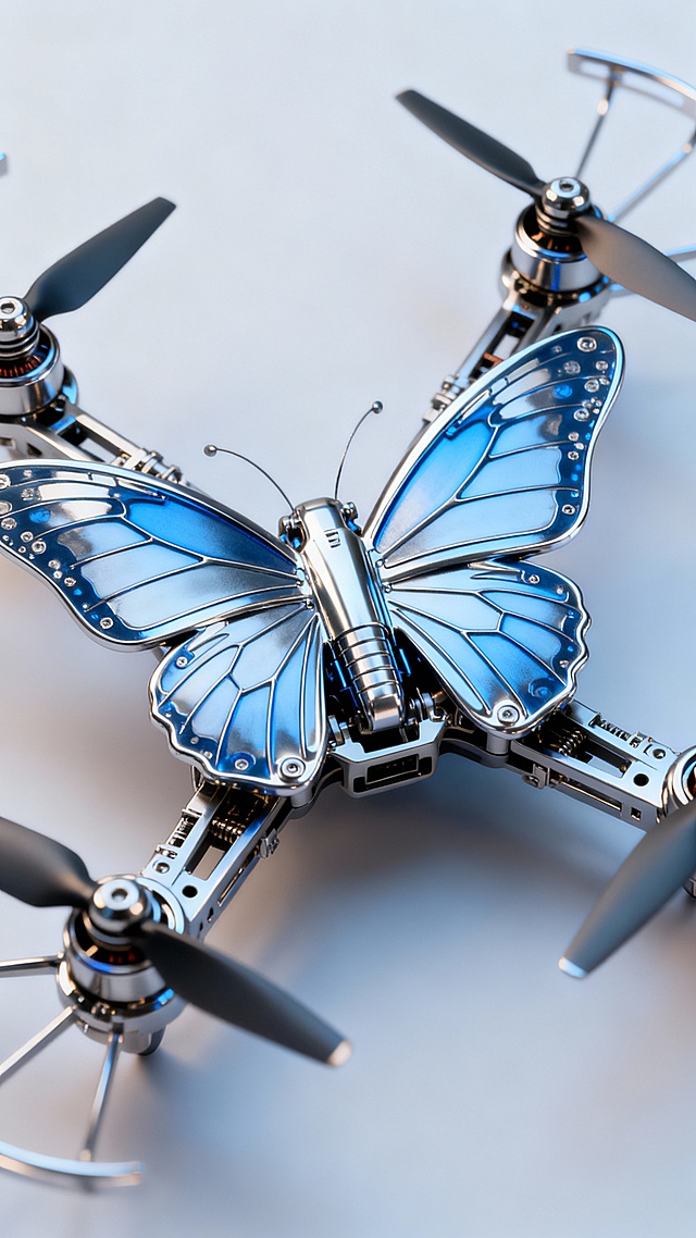 生成四轴一款无人机，蝴蝶造型，四个轴安装在翅膀上