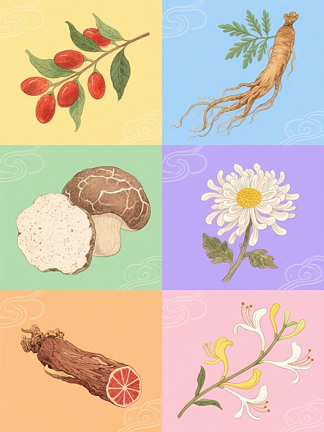一组六幅规整排布的中药元素插画，每幅均为纯色背景，保持清新淡雅的水彩质感与细腻线条风格，整体色彩变换为不同柔和色调。第一幅：黄色背景上的饱满枸杞，红色果实点缀绿色叶片；第二幅：蓝色背景上的完整当归，棕色根茎配羽状复叶；第三幅：绿色背景上的饱满茯苓，浅棕色菌核带天然纹理；第四幅：紫色背景上的干制菊花，白色花瓣环绕黄色花心；第五幅：橙色背景上的丹参根段，红棕色断面显放射纹理；第六幅：粉色背景上的金银花，黄白双色花朵沿藤蔓绽放。所有元素均保持写实与写意结合的笔触，搭配飘逸的浅色祥云纹装饰，画面简洁平衡，形成风格统一的中药系列素材集合。