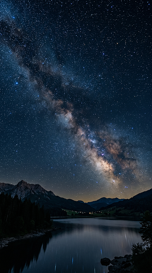 唯美夜晚星空壁纸，静谧深蓝色天空布满璀璨星星，银河横跨天际，星光闪烁，浪漫梦幻氛围感，高质量高清画面