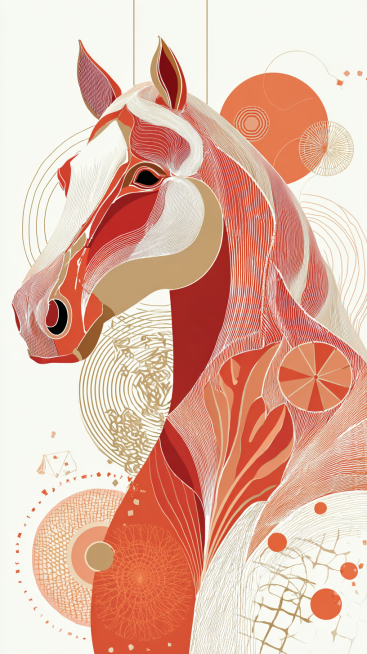 简约扁平矢量风，核心设计： 极简、风格化的马侧影，由曲线和形状构成。
元素融合： 与橘子、鞭炮、中国结等新年图标巧妙结合。
风格与用途： 扁平矢量设计，干净几何，红白金配色，明确适合现代海报、Logo预览效果