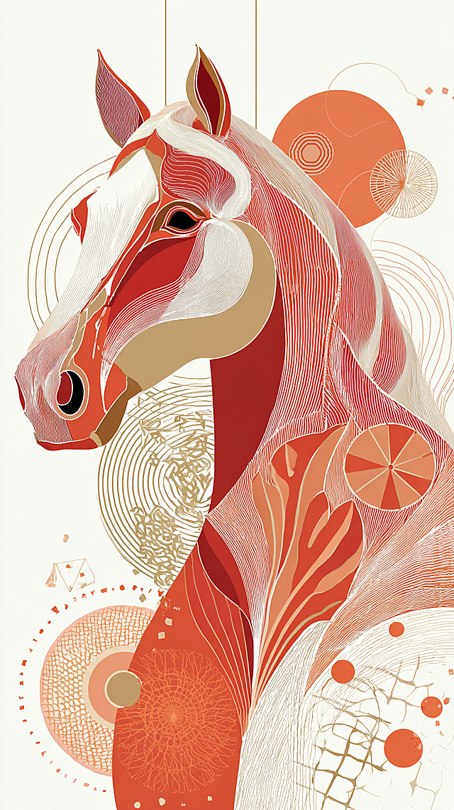 现代感插画风马头，融合几何线条与浮雕质感，红白金配色彰显时尚优雅，抽象图案点缀，呈现立体主义美学。