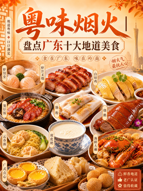 制作美食公众号封面图，暖橙色活力风格，包含醒目标题"粤味烟火｜盘点广东十大地道美食"，使用广东特色美食素材，整体设计吸引食欲，符合美食分享的氛围预览效果
