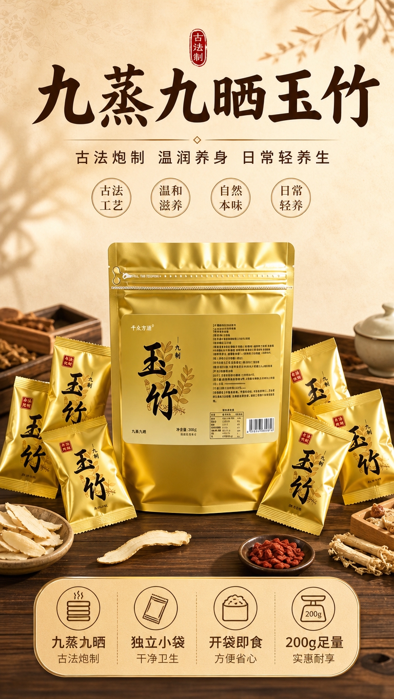 [商品] 使用【图1】九蒸九晒玉竹200g装产品；保留金色铝箔… - 图片创意预览