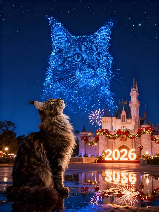 前景：参考图上的动物，蹲坐的姿势，毛发蓬松柔软，仰头望向天空，姿态优雅；
中景：2026跨年夜城堡场景，夜晚深蓝色天幕下，城堡外墙装饰红金新年花环有“2026”发光牌，城堡前的地面有积水（清晰倒映城堡灯光与烟花），整体基调为暖色；由蓝色粒子组成的参照图中的动物头部，占据上空中间四分之三的位置，造型生动梦幻；
背景：深邃夜空，点缀以星星点点的星光；