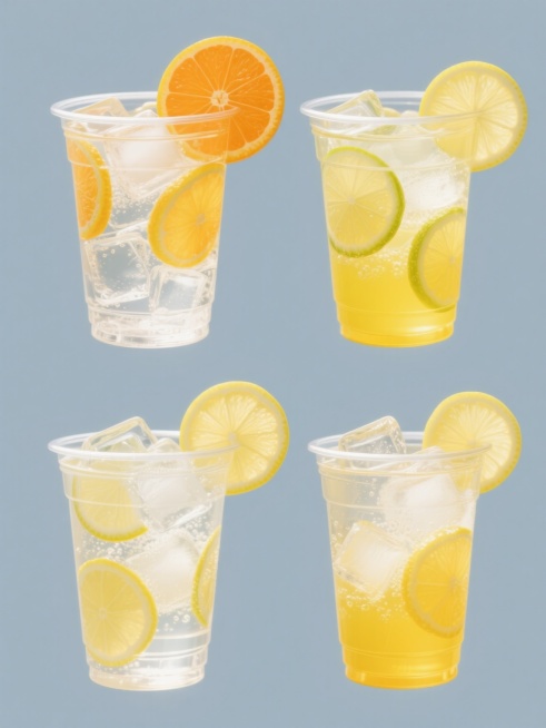 四个微距特写镜头，每个镜头中均为一套规整排布的超写实风格透明塑料杯装饮品，分别为不同造型样式与口味的柠檬水。每个杯中都装满透明冰块，悬浮数片新鲜柠檬切片，杯口斜插完整橙子切片，橙黄色饮料清澈透亮，冰块棱角分明带细微气泡，侧面光线照射产生柔和液体反光，清晰呈现柠檬皮纹理与果肉纤维结构，背景为纯色，无文字、logo、水印，整体延续清爽明亮夏日氛围，高饱和度黄色调与纯色背景形成鲜明对比，尽显商业产品……预览效果